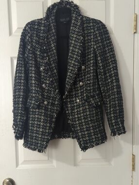 Rachel Zoe Green, Black and White Tweed Frayed-Trim Double-Breasted Blazer